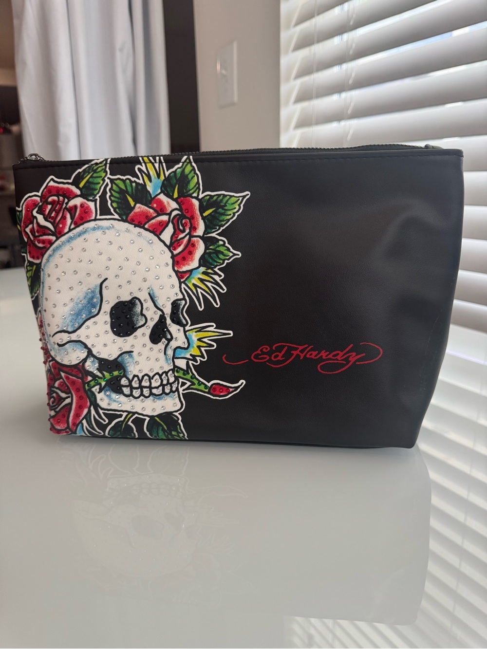 NWT Ed Hardy Black Makeup Travel Bag Studded Skull and Flowers Graphic Y2K
